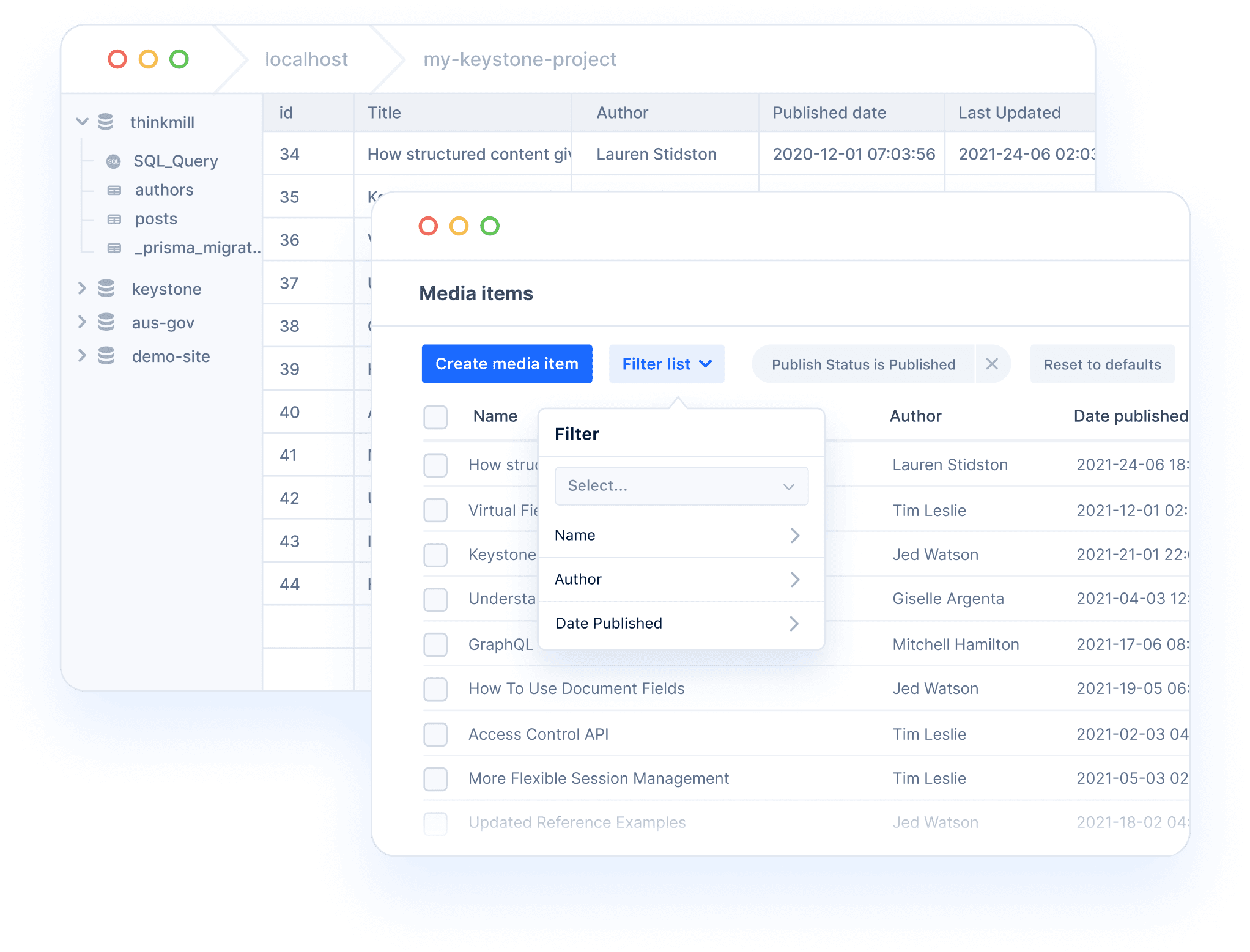 2 application panes. One displays a database configuration app with DB columns and rows containing content. The other displays the same column and row content in Keystone Admin UI.